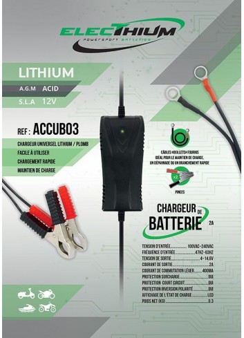 Chargeur Batterie Electhium Chargeur Batterie Moto et Scooter - Pour batterie Lithium + Acide